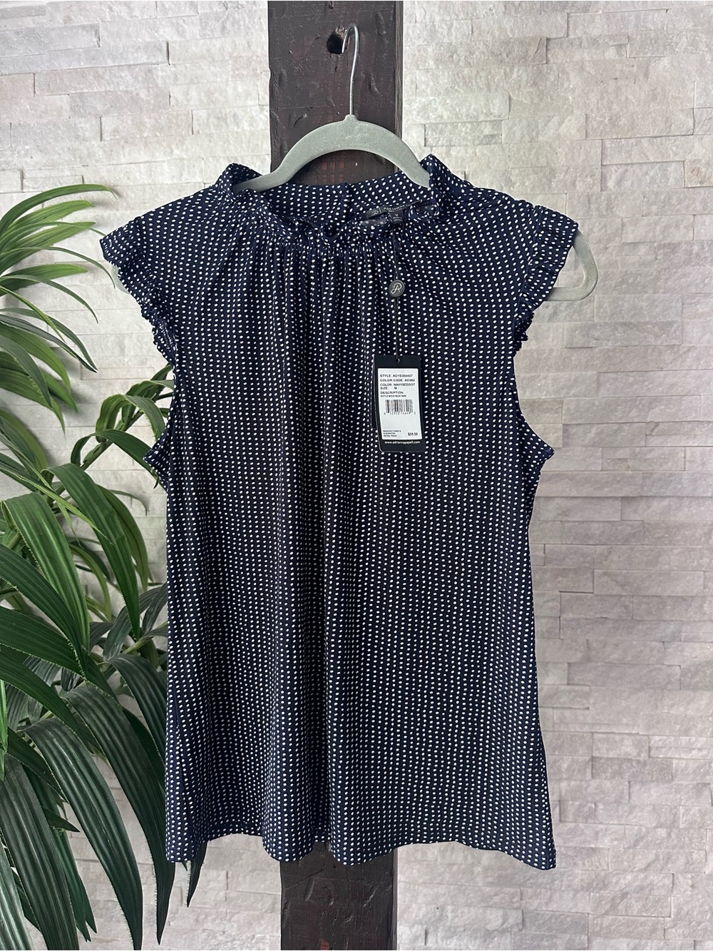 Adrianna Papell Navy Polka Dot Ruffle Cap-Sleeve Blouse Size M New with Tags